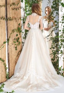 Style #1827L, high neck a-line wedding dress, designed with illusion sweetheart neckline, long sleeves, and lace embroidery, available in ivory and ivory-pink