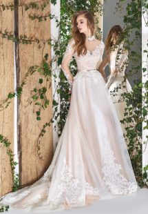 Style #1827L, high neck a-line wedding dress, designed with illusion sweetheart neckline, long sleeves, and lace embroidery, available in ivory and ivory-pink