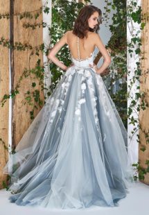 Style #1828L, sleeveless ball gown wedding dress with illusion sweetheart neckline, low back and 3-D floral embroidery down the skirt, available in ivory and ivory-grey