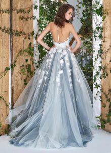 Style #1828L, sleeveless ball gown wedding dress with illusion sweetheart neckline, low back and 3-D floral embroidery down the skirt, available in ivory and ivory-grey