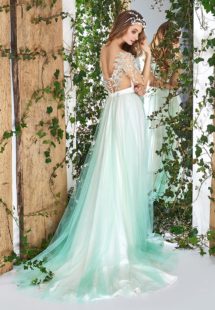 Style #1829L, short sleeve a-line wedding dress with illusion sweetheart neckline, tulle skirt, and leaf embroidery on top, available in ivory and light green