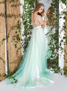 Style #1829L, short sleeve a-line wedding dress with illusion sweetheart neckline, tulle skirt, and leaf embroidery on top, available in ivory and light green