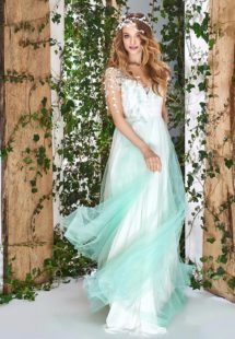 Style #1829L, short sleeve a-line wedding dress with illusion sweetheart neckline, tulle skirt, and leaf embroidery on top, available in ivory and light green