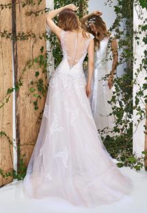 Style #1830L, cap sleeve a-line wedding dress with illusion sweetheart neckline and low v-back, lace decor, available in white, ivory and white-pink