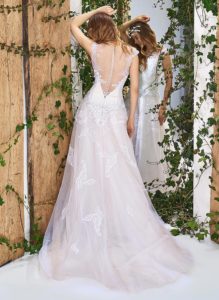 Style #1830L, cap sleeve a-line wedding dress with illusion sweetheart neckline and low v-back, lace decor, available in white, ivory and white-pink