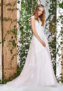 Style #1830L, cap sleeve a-line wedding dress with illusion sweetheart neckline and low v-back, lace decor, available in white, ivory and white-pink