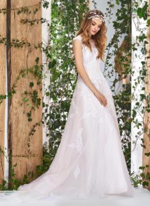 Style #1830L, cap sleeve a-line wedding dress with illusion sweetheart neckline and low v-back, lace decor, available in white, ivory and white-pink