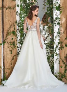 Style #1833L, illusion neckline ball gown wedding dress with organza skirt, and open v-back, available in ivory