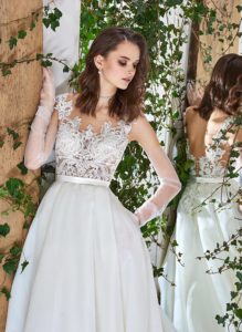 Style #1833L, illusion neckline ball gown wedding dress with organza skirt, and open v-back, available in ivory