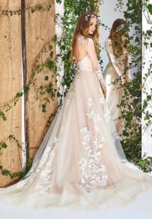 Style #1835L, floral embroidered a-line wedding dress features long sleeves, illusion neckline, and keyhole back, available in ivory and ivory-gold