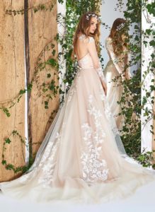 Style #1835L, floral embroidered a-line wedding dress features long sleeves, illusion neckline, and keyhole back, available in ivory and ivory-gold