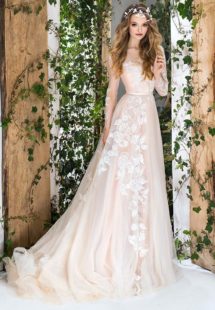 Style #1835L, floral embroidered a-line wedding dress features long sleeves, illusion neckline, and keyhole back, available in ivory and ivory-gold