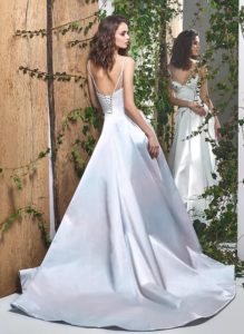 Style #1836L, satin a-line wedding dress features double spaghetti straps, and sweetheart neckline, available in light blue-rose, white and ivory
