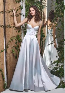 Style #1836L, satin a-line wedding dress features double spaghetti straps, and sweetheart neckline, available in light blue-rose, white and ivory