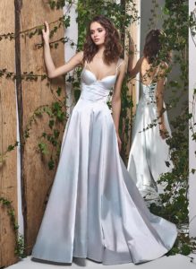 Style #1836L, satin a-line wedding dress features double spaghetti straps, and sweetheart neckline, available in light blue-rose, white and ivory