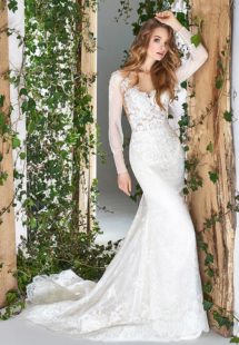 Style #1837L, fit and flare lace wedding dress with long sleeves, illusion neckline, and low back, available in ivory and cream