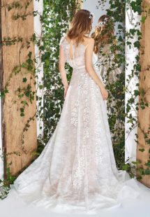 Style #1839L, lace a-line wedding dress, designed with illusion neckline and back, short sleeves, and floral decor, available in ivory and ivory-gold