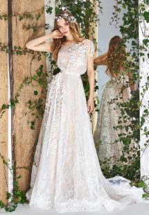 Style #1839L, lace a-line wedding dress, designed with illusion neckline and back, short sleeves, and floral decor, available in ivory and ivory-gold