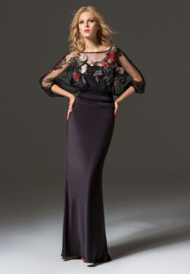 Style #334, fit-and-flare evening gown features flower embroidered illusion top with dolman three-quarter length sleeves, available in black