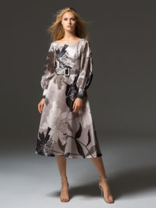 Style #335a, knee-length A-line cocktail dress with bishop sleeves, belt and V back, available in brown-pink, beige-black