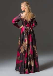 Style #335b, floor-length A-line evening gown with bishop sleeves, belt and V back, available in brown-pink, beige-black