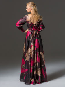 Style #335b, floor-length A-line evening gown with bishop sleeves, belt and V back, available in brown-pink, beige-black