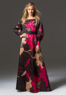 Style #335b, floor-length A-line evening gown with bishop sleeves, belt and V back, available in brown-pink, beige-black