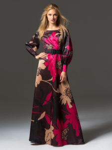 Style #335b, floor-length A-line evening gown with bishop sleeves, belt and V back, available in brown-pink, beige-black