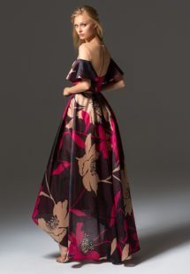 Style #336, high-low cocktail dress with belt featuring an illusion neckline and off the shoulder bell sleeves, available in brown-pink, beige-black