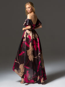 Style #336, high-low cocktail dress with belt featuring an illusion neckline and off the shoulder bell sleeves, available in brown-pink, beige-black