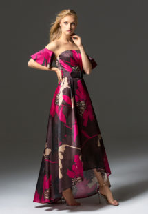 Style #336, high-low cocktail dress with belt featuring an illusion neckline and off the shoulder bell sleeves, available in brown-pink, beige-black