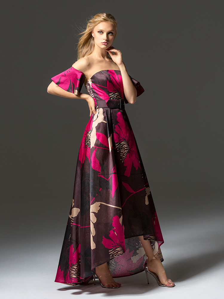 Style #336, high-low cocktail dress with belt featuring an illusion neckline and off the shoulder bell sleeves, available in brown-pink, beige-black