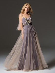 Style #339, three-quarter length bell sleeve evening gown features an illusion neckline, floral embroidered top, fit-and-flare lining dress with flowy tulle overlay, available in milky-pink, pink-ivory, smoky pink