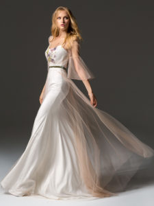 Style #339, three-quarter length bell sleeve evening gown features an illusion neckline, floral embroidered top, fit-and-flare lining dress with flowy tulle overlay, available in milky-pink, pink-ivory, smoky pink