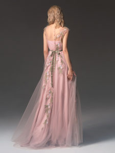 Style #340, cap sleeve maxi dress with an illusion neckline and floral embroidery down the skirt, available in black, ivory, pink-ivory