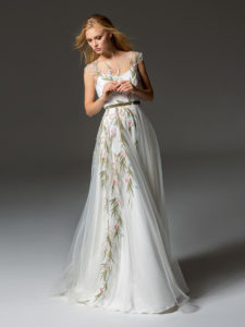 Style #340, cap sleeve maxi dress with an illusion neckline and floral embroidery down the skirt, available in black, ivory, pink-ivory