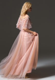 Style #342, cape sleeve long evening dress with an illusion floral embroidered neckline, available in pink-ivory, cream-pink