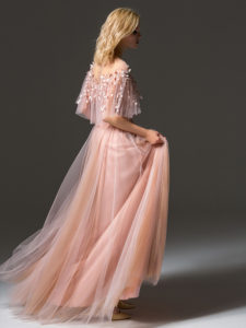 Style #342, cape sleeve long evening dress with an illusion floral embroidered neckline, available in pink-ivory, cream-pink