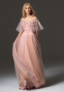Style #342, cape sleeve long evening dress with an illusion floral embroidered neckline, available in pink-ivory, cream-pink