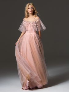 Style #342, cape sleeve long evening dress with an illusion floral embroidered neckline, available in pink-ivory, cream-pink