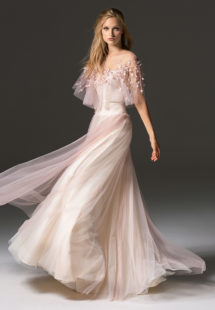 Style #342, cape sleeve long evening dress with an illusion floral embroidered neckline, available in pink-ivory, cream-pink