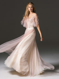 Style #342, cape sleeve long evening dress with an illusion floral embroidered neckline, available in pink-ivory, cream-pink