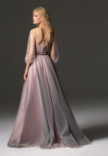 Style #343, long evening gown with an illusion neckline, three-quarter length bishop sleeves, floral embroidery, and velvet belt, available in grey, pink-ivory, ivory