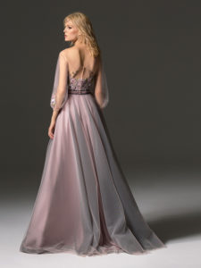 Style #343, long evening gown with an illusion neckline, three-quarter length bishop sleeves, floral embroidery, and velvet belt, available in grey, pink-ivory, ivory