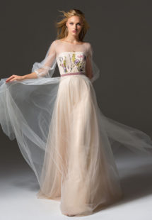 Style #343, long evening gown with an illusion neckline, three-quarter length bishop sleeves, floral embroidery, and velvet belt, available in grey, pink-ivory, ivory