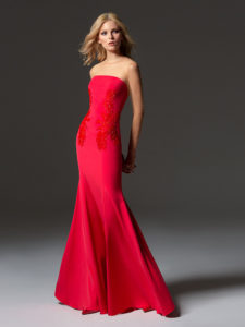 Style #344, illusion long sleeve fit-and-flare evening gown with embroidery detailing, available in black, ivory, scarlet, dark blue, blue, pink-ivory, green, grey