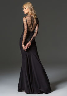 Style #344, fit-and-flare evening gown with embroidery detailing, illusion polka dot neckline, long sleeves, and low back, available in black, ivory, scarlet, dark blue, blue, pink-ivory, green, grey