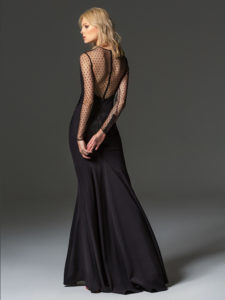 Style #344, fit-and-flare evening gown with embroidery detailing, illusion polka dot neckline, long sleeves, and low back, available in black, ivory, scarlet, dark blue, blue, pink-ivory, green, grey