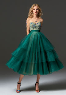 Style #346, cap sleeve cocktail dress features an illusion sweetheart neckline, 3D flower decor, and tiered tulle tea-length skirt, available in scarlet, dark blue, pink-ivory, grey, ivory, turquoise, nude, creamy salmon, salmon, cool blue, aqua, crimson, coral, light green