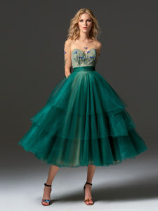 Style #346, cap sleeve cocktail dress features an illusion sweetheart neckline, 3D flower decor, and tiered tulle tea-length skirt, available in scarlet, dark blue, pink-ivory, grey, ivory, turquoise, nude, creamy salmon, salmon, cool blue, aqua, crimson, coral, light green